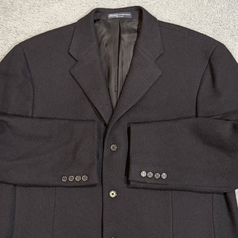VTG Polo Ralph Lauren Men's 44R Wool Flannel Herringbone Black Suit Jacket Italy